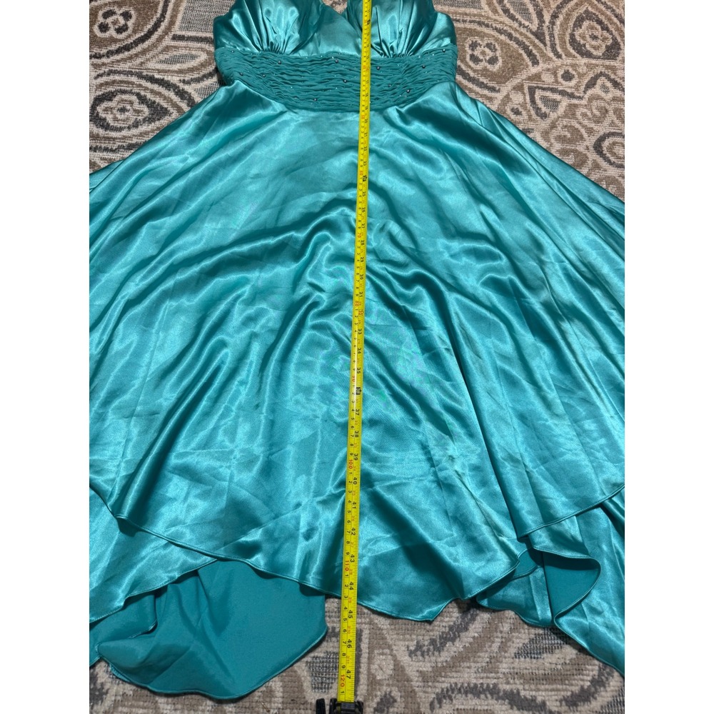 Lenovia USA Turquoise Satin Halter Handkerchief Hem Rhinestone Formal Dress M - Picture 2 of 6
